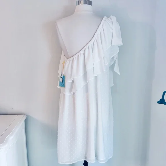 LAST CHANCE; CeCe White One Shoulder Chiffon Swiss Dot Dress, Large, NWT - Picture 4 of 10